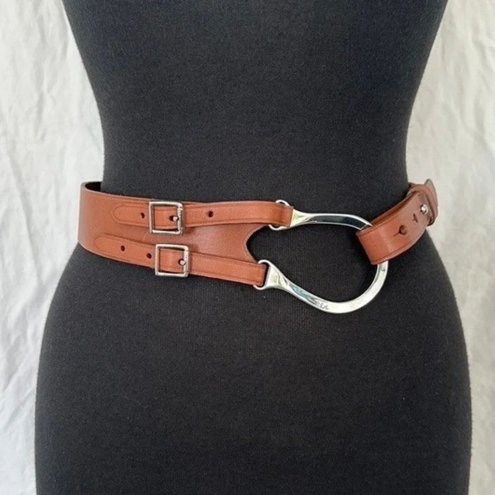 Lauren Ralph Lauren Leather Belt Women XS Stirrup Equestrian Brown Double Buckle